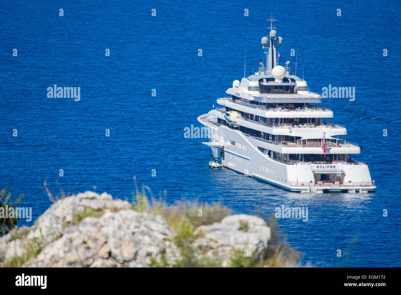 The megayacht 'Eclipse' owned by Roman Abramovich is anchored in Tiha bay near the town of Cavat.  Featuring: Roman Abramovic Where: Cavtat, Croatia When: 24 Aug 2014 Stock Photo