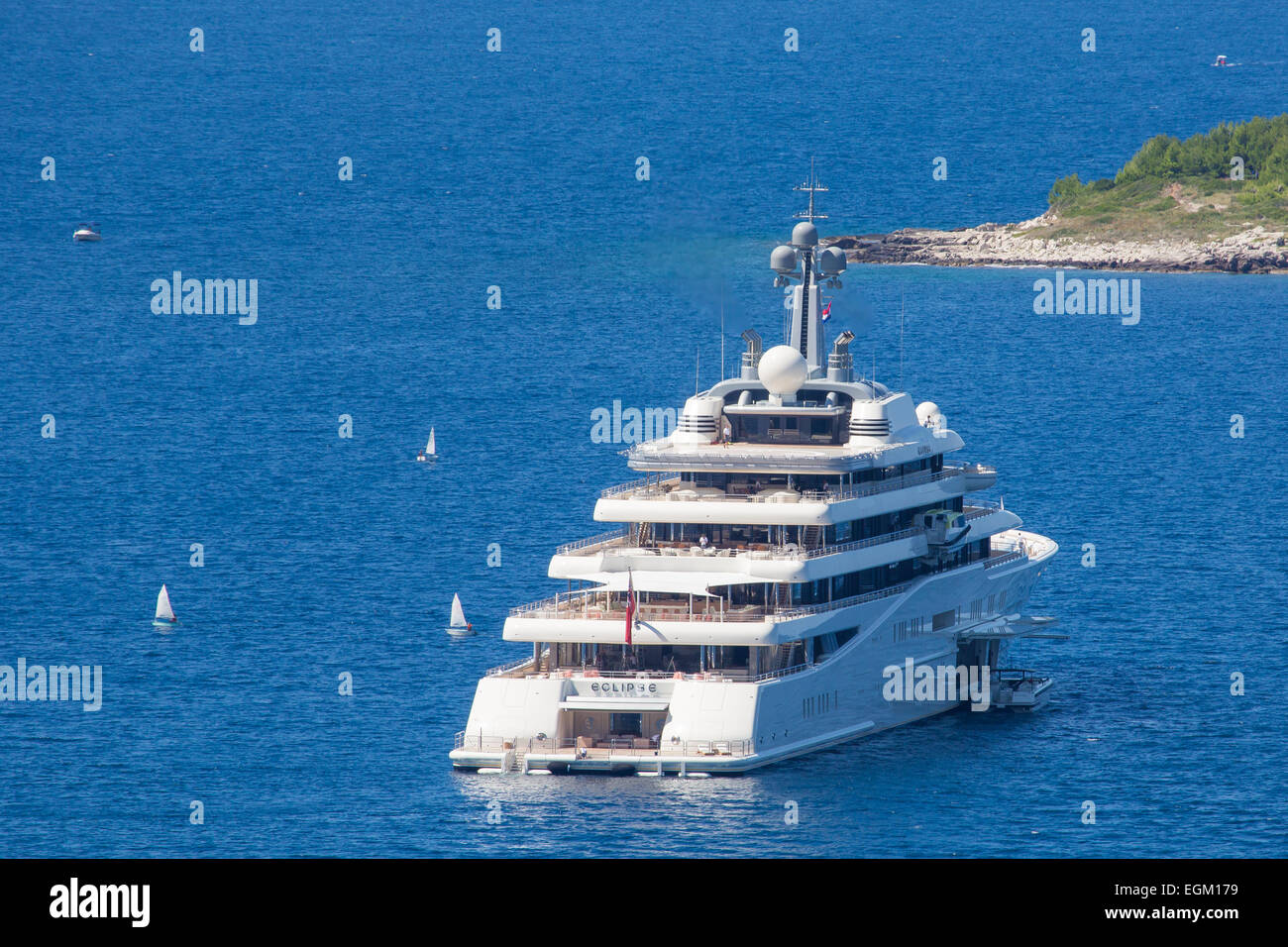 The megayacht 'Eclipse' owned by Roman Abramovich is anchored in Tiha bay near the town of Cavat.  Featuring: Roman Abramovic Where: Cavtat, Croatia When: 24 Aug 2014 Stock Photo