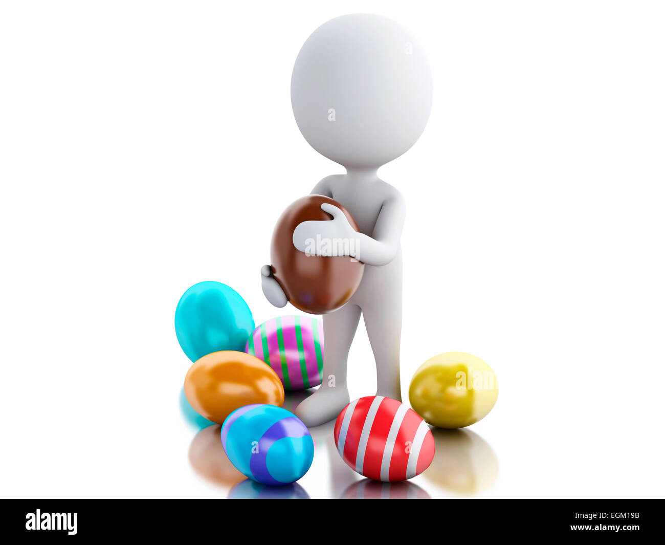 3d renderer image. White people holds big Easter egg in a hand. Isolated white background Stock Photo