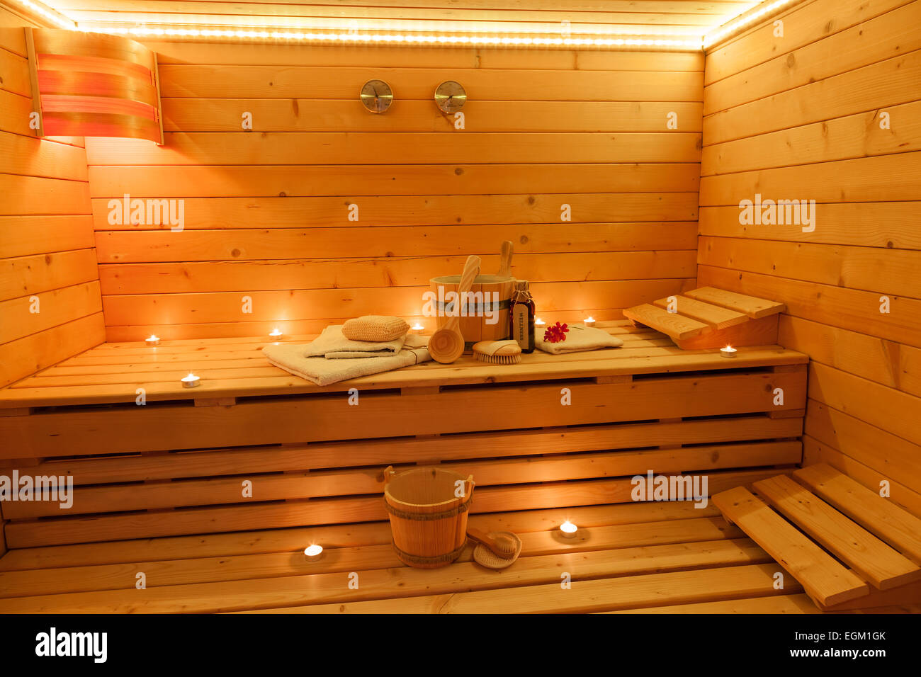 Interior of a finnish Sauna Stock Photo