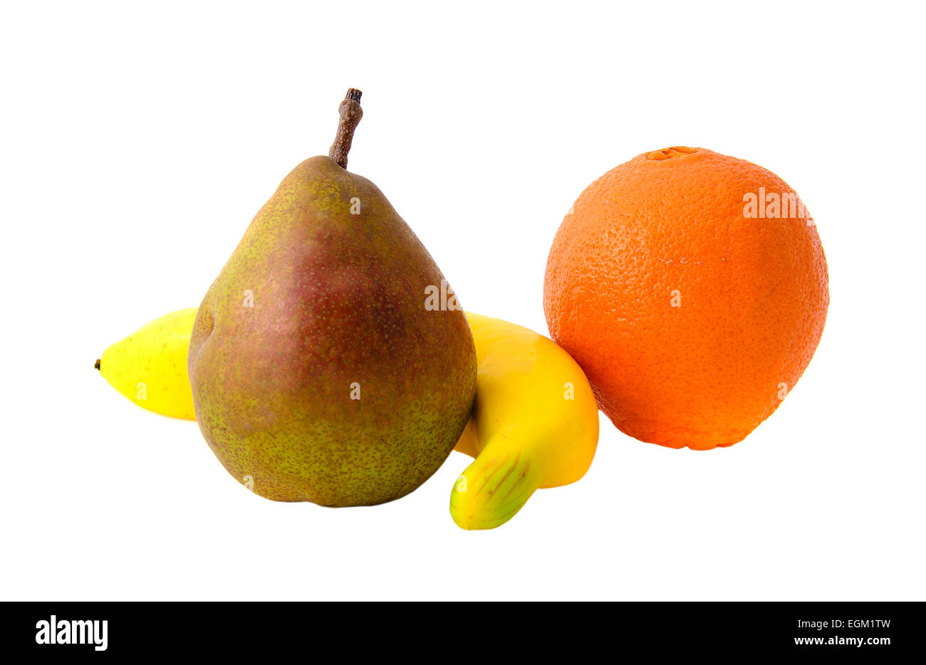 Fresh Fruits: Pear, Banana and Orange. Isolatet Stock Photo