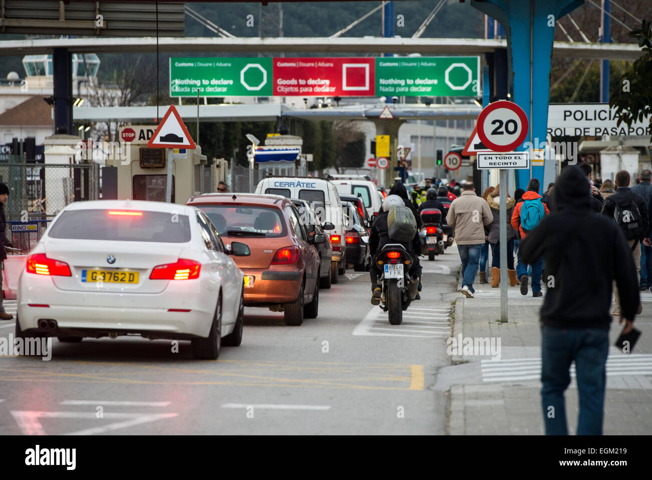 La Linea de la Concepcion, Spain, 23 February , 2015: Queues of vehicles at customs to enter Gibraltar from La Linea de la Concp Stock Photo