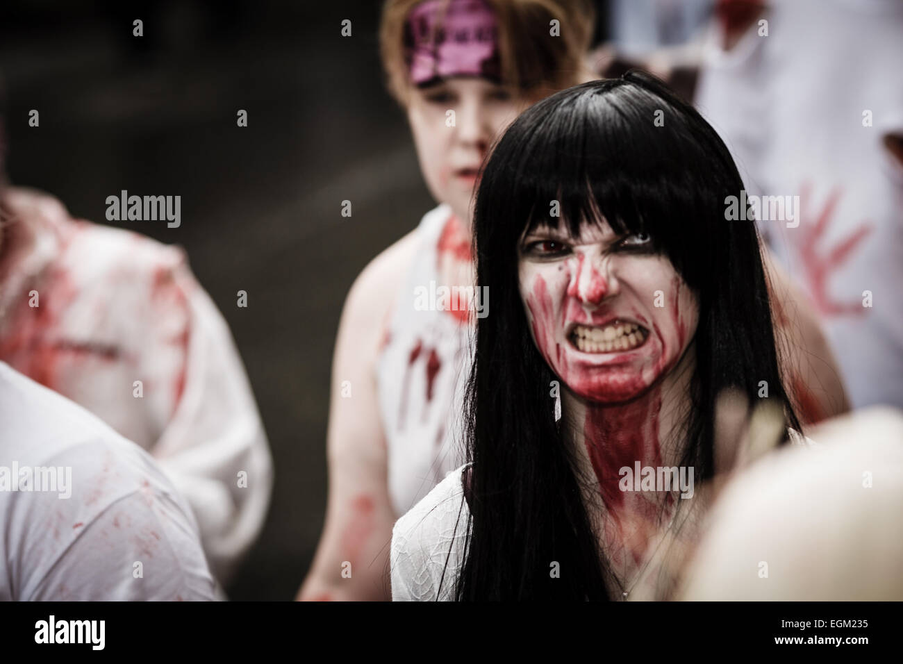 Scary zombie walk event in the center of the town of Hämeenlinna in Finland. Stock Photo