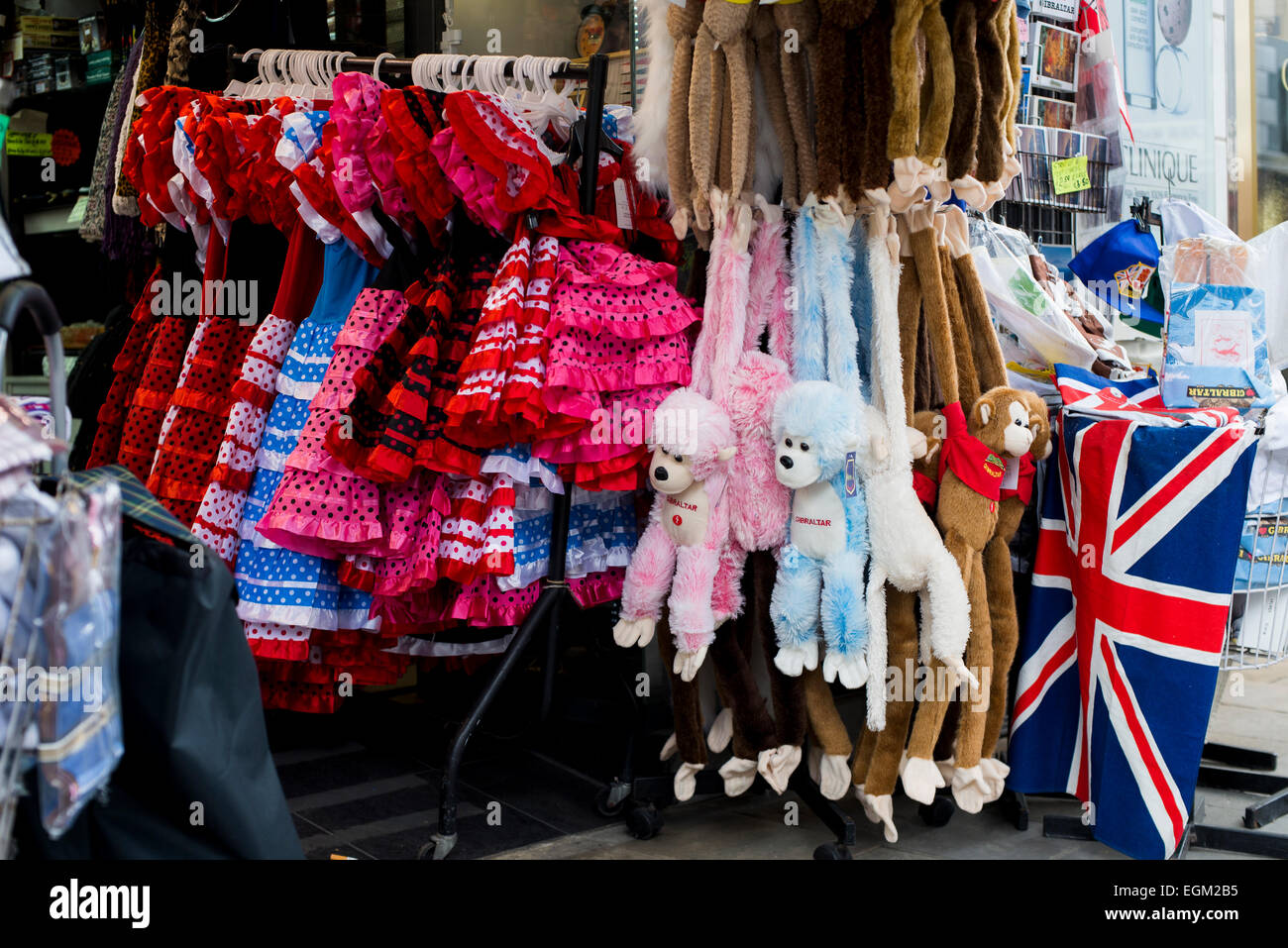 Gibraltar, England, 23 February , 2015: Souvenir shop in Gibraltar, with gypsy costumes (typical of Spain, traje de gitana), cud Stock Photo
