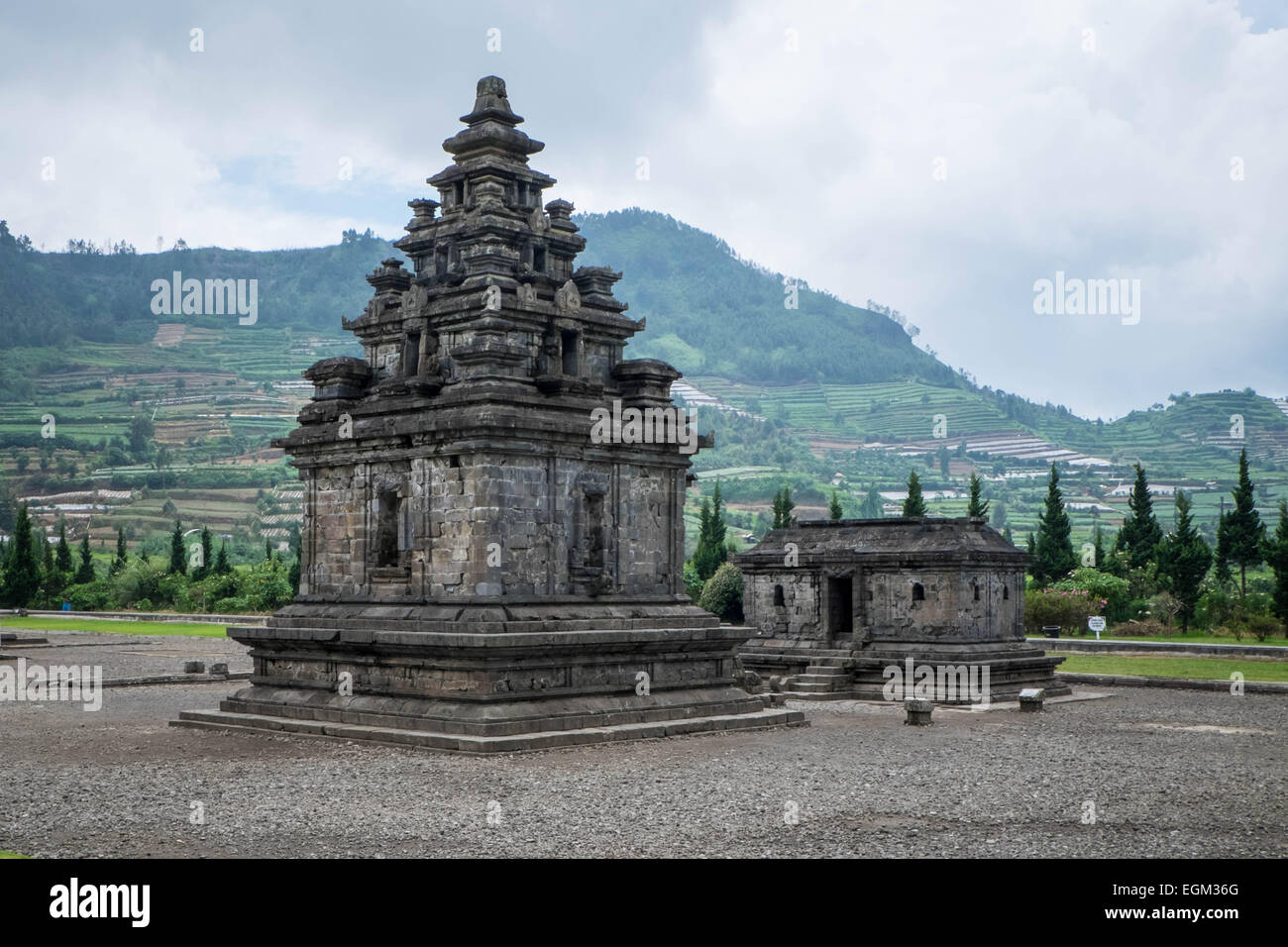 Ancient Hindu temple on the Dieng plateau, Indonesia Stock Photo