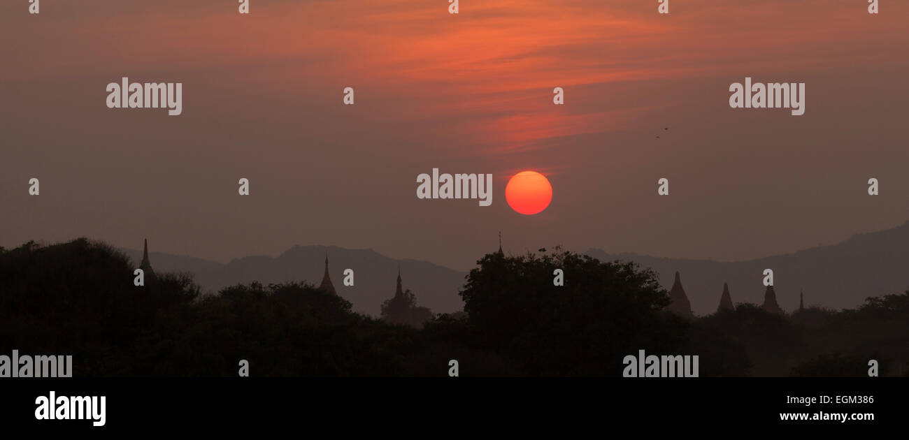 Panorama of sunset over temples, Bagan, Myanmar ( Burma ), Asia Stock Photo