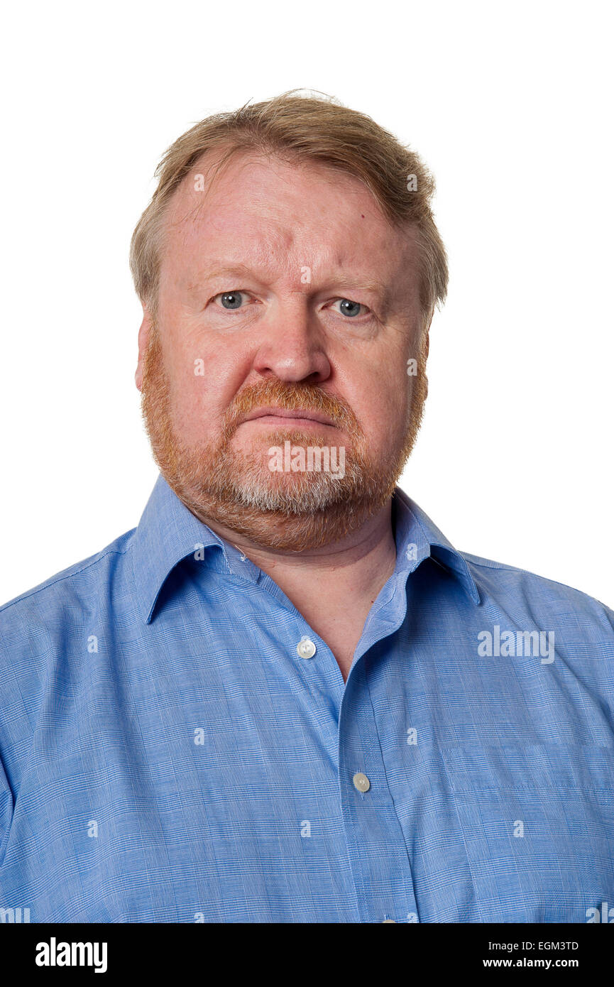 Portrait of concerned bearded overweight middle aged man isolated on white Stock Photo