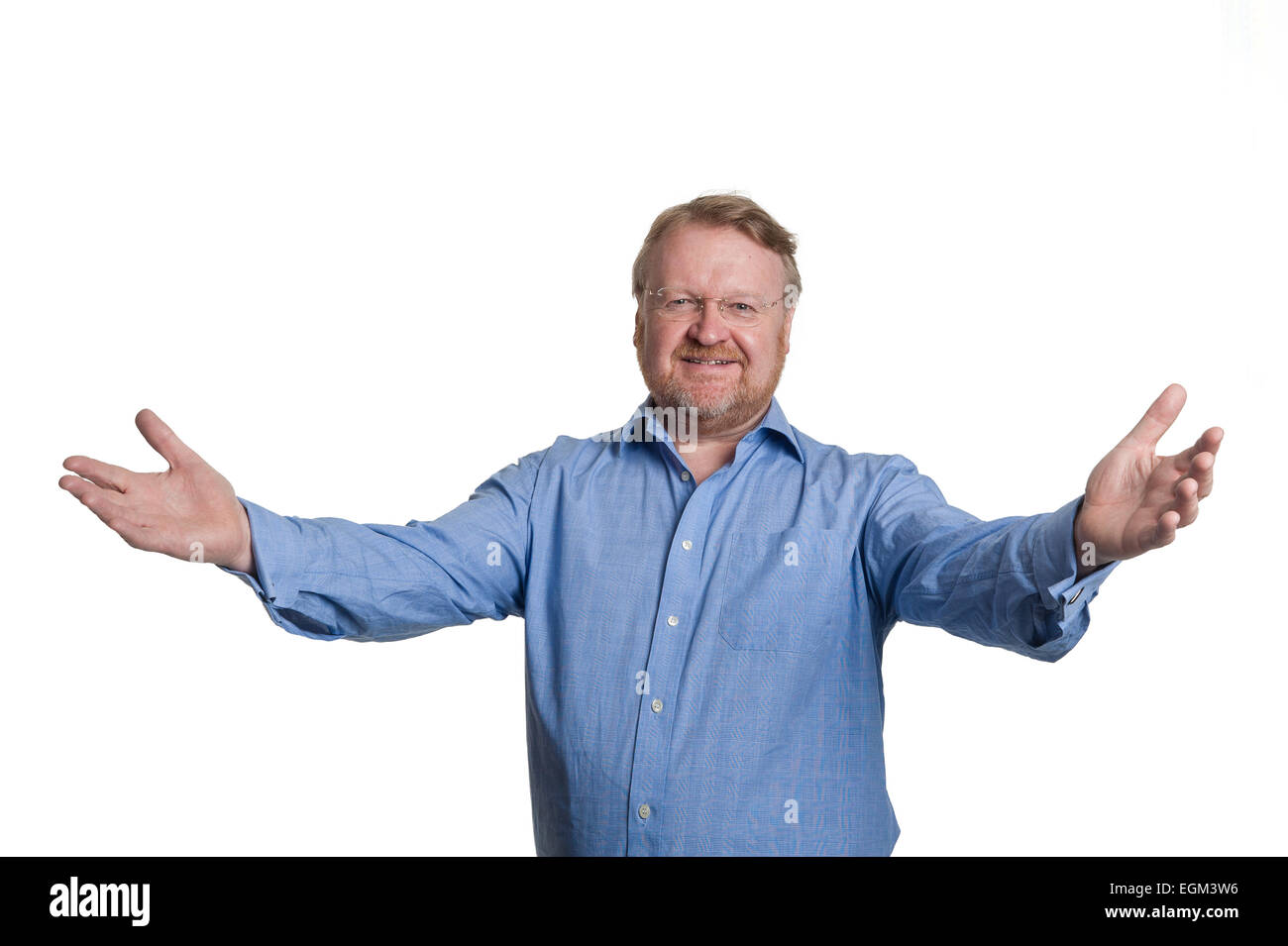 Friendly middle aged bearded guy in blue shirt - on white Stock Photo