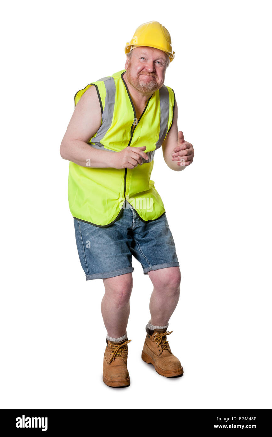 Cowering workman in hardhat, isolated on white Stock Photo