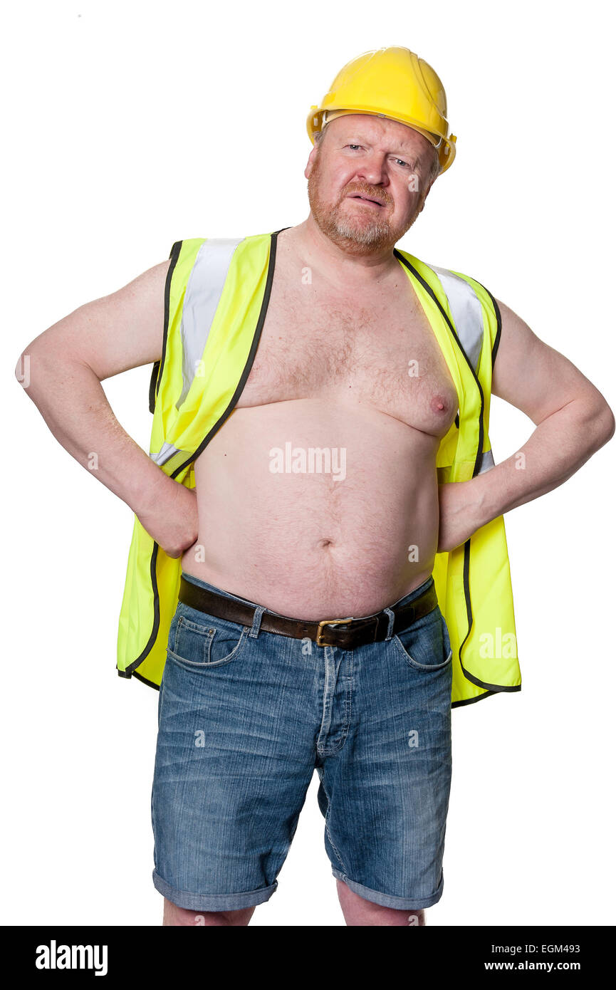 Aggressive workman in hardhat, isolated on white Stock Photo