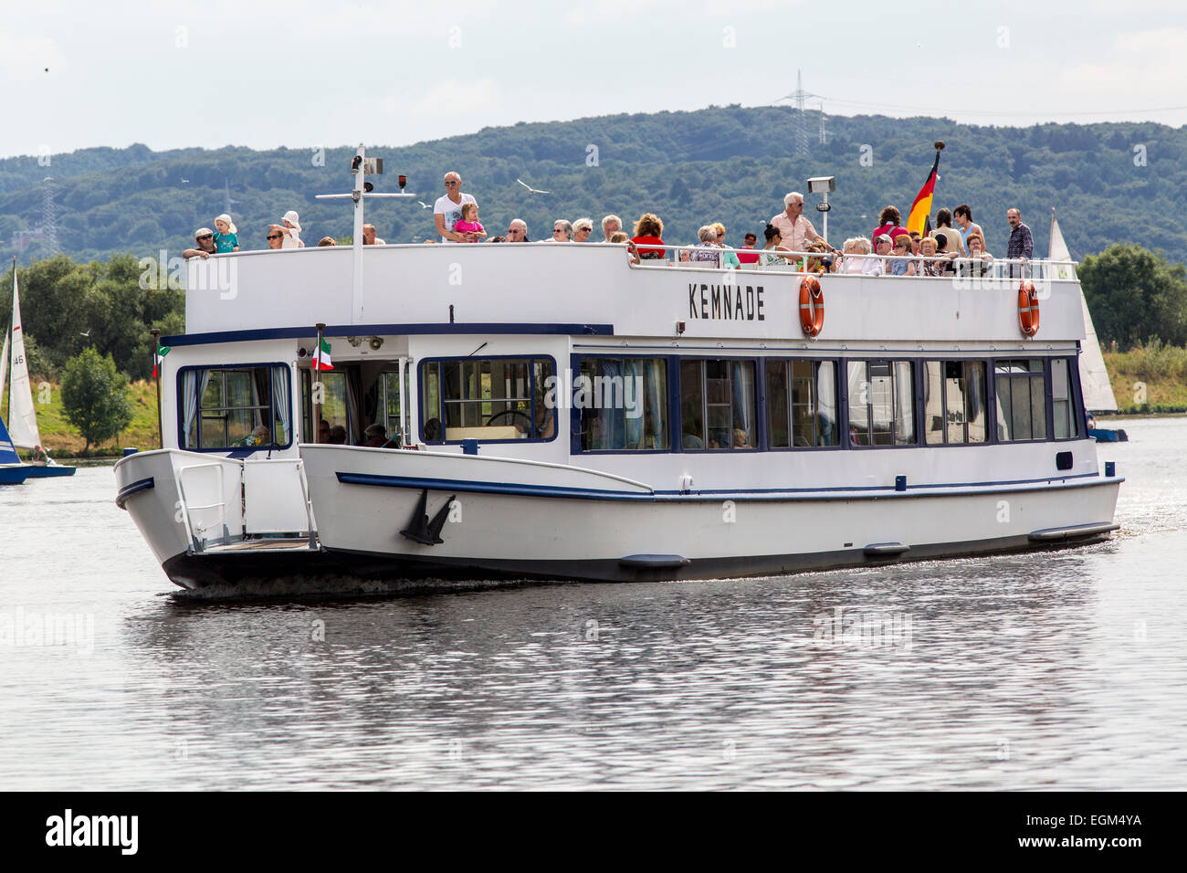 River cruise boat 'Schwalbe' on river Ruhr, Stock Photo