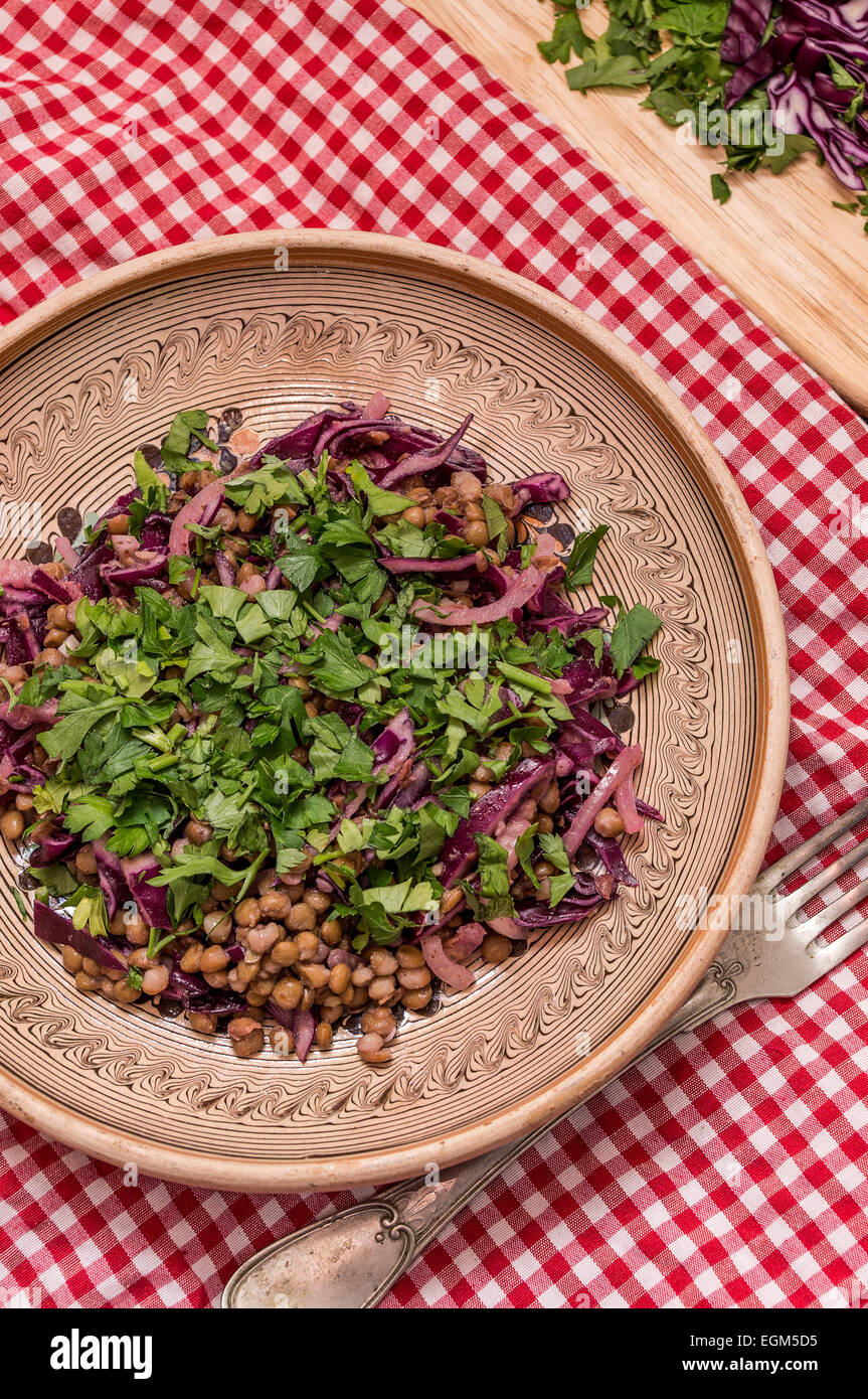 Raw vegan lentil salad with red cabbage and parsley Stock Photo