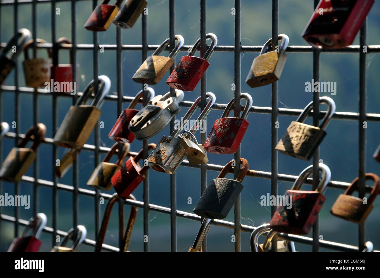 Love locks on bridge german europe Stock Photo