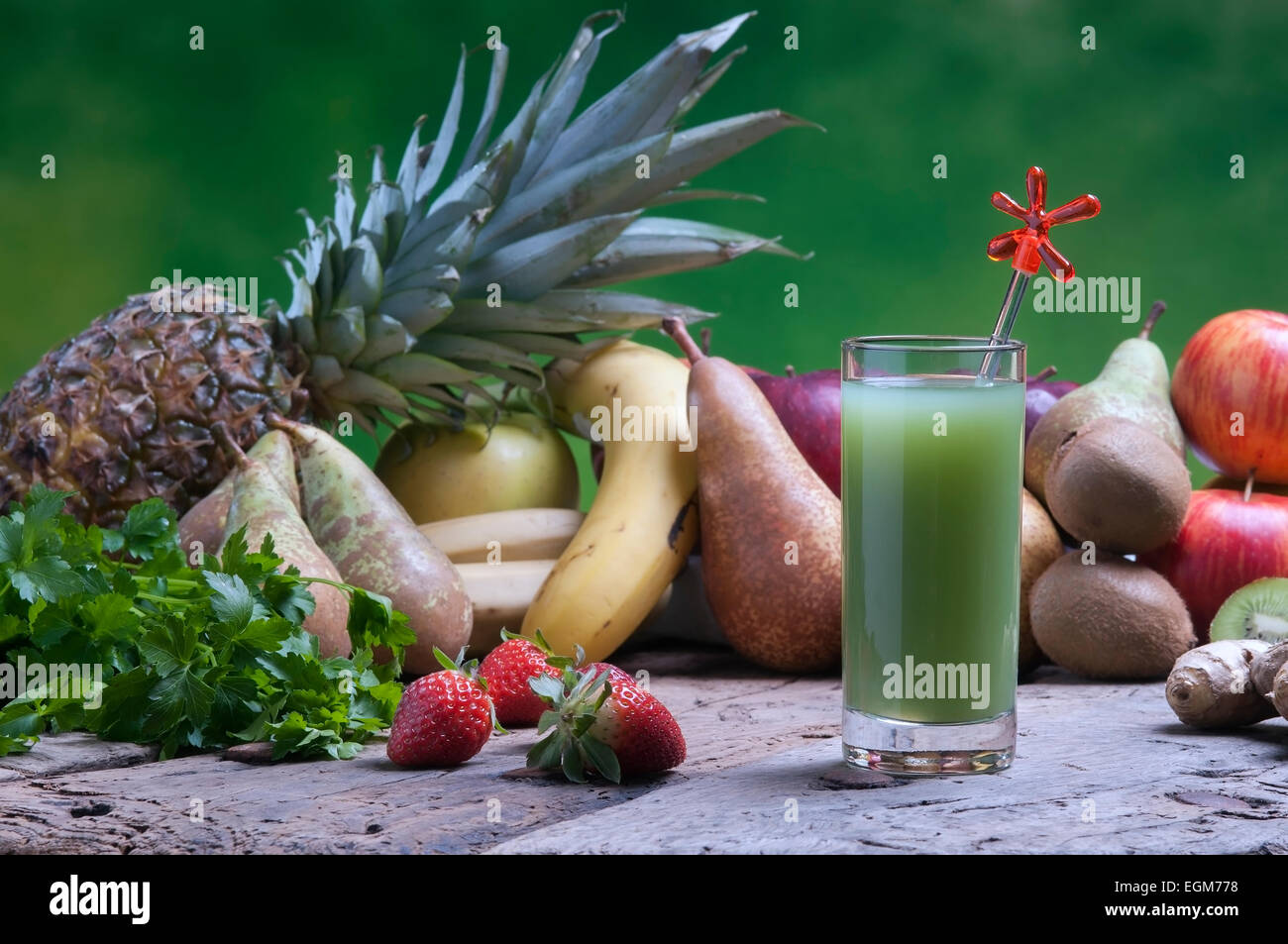 mixed fruit on a wooden board ready for juices and juice Stock Photo