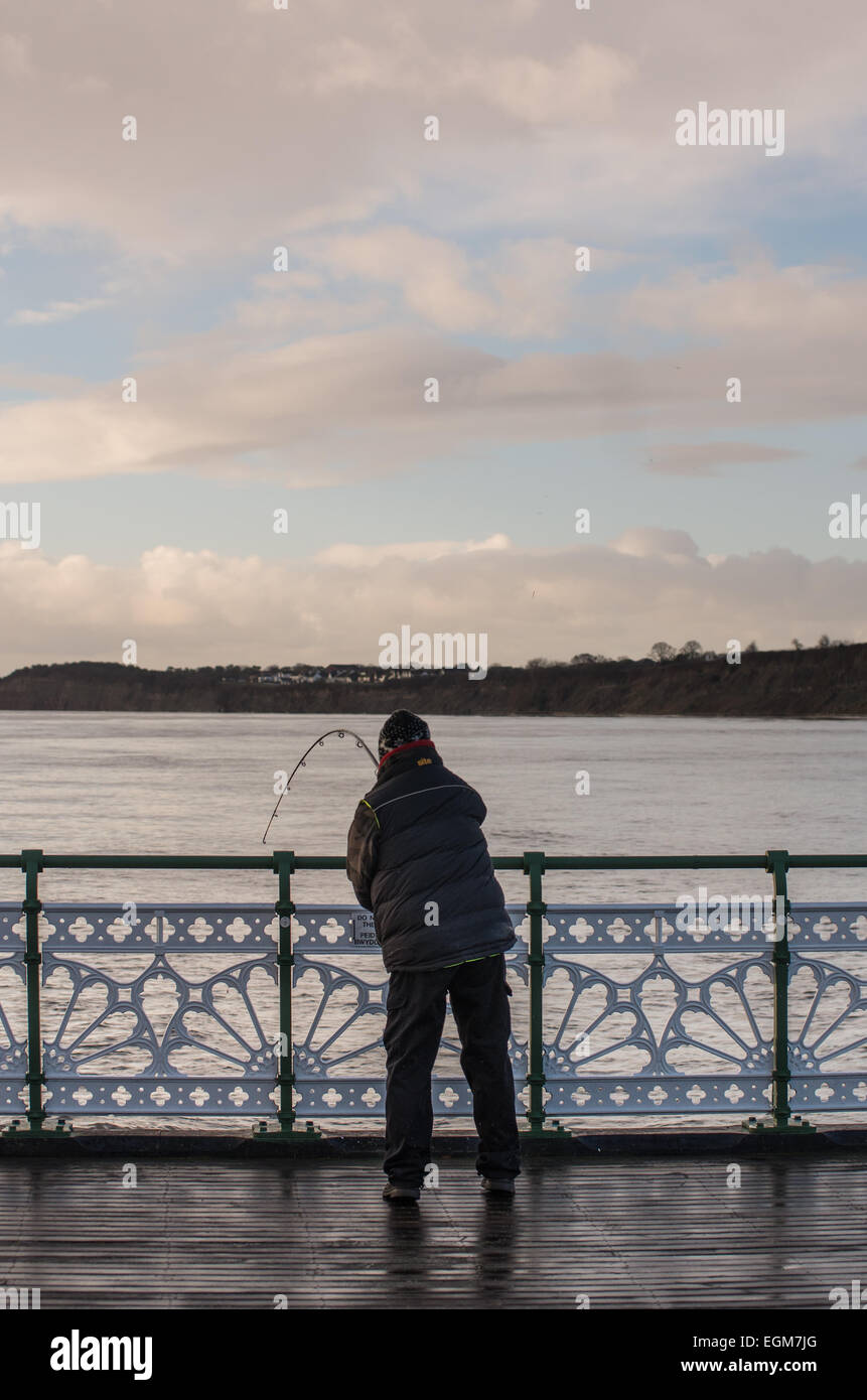 An image of a sea fisherman angling off the award winning Penarth pier and reeling in a caught fish Stock Photo