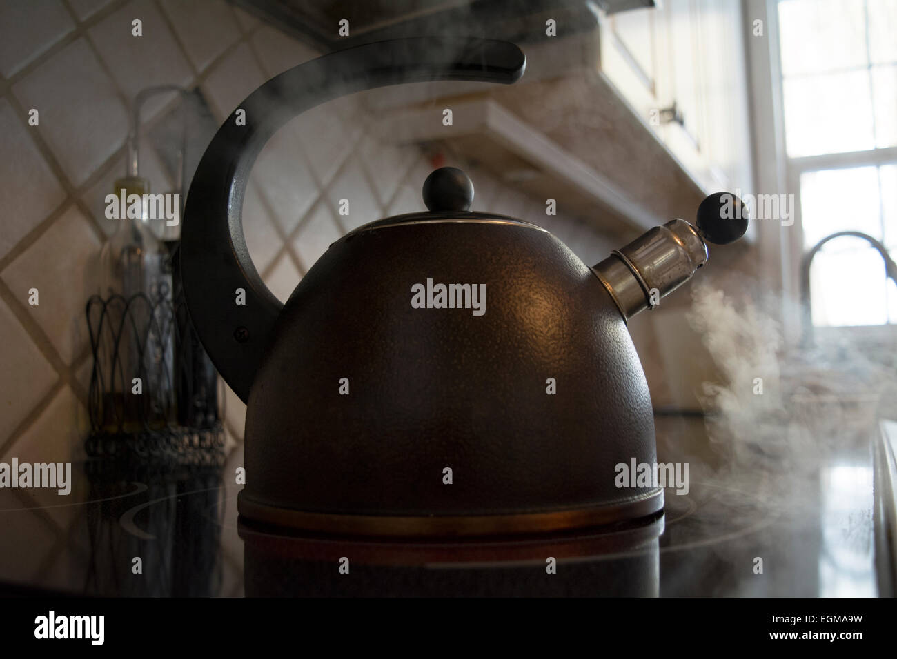 A kettle on top of an element at its boiling point with steam coming out of it Stock Photo