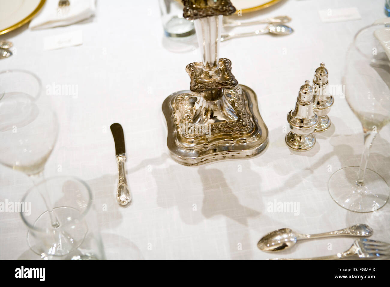Dining Room Table Formal Place Setting, Close-Up Stock Photo