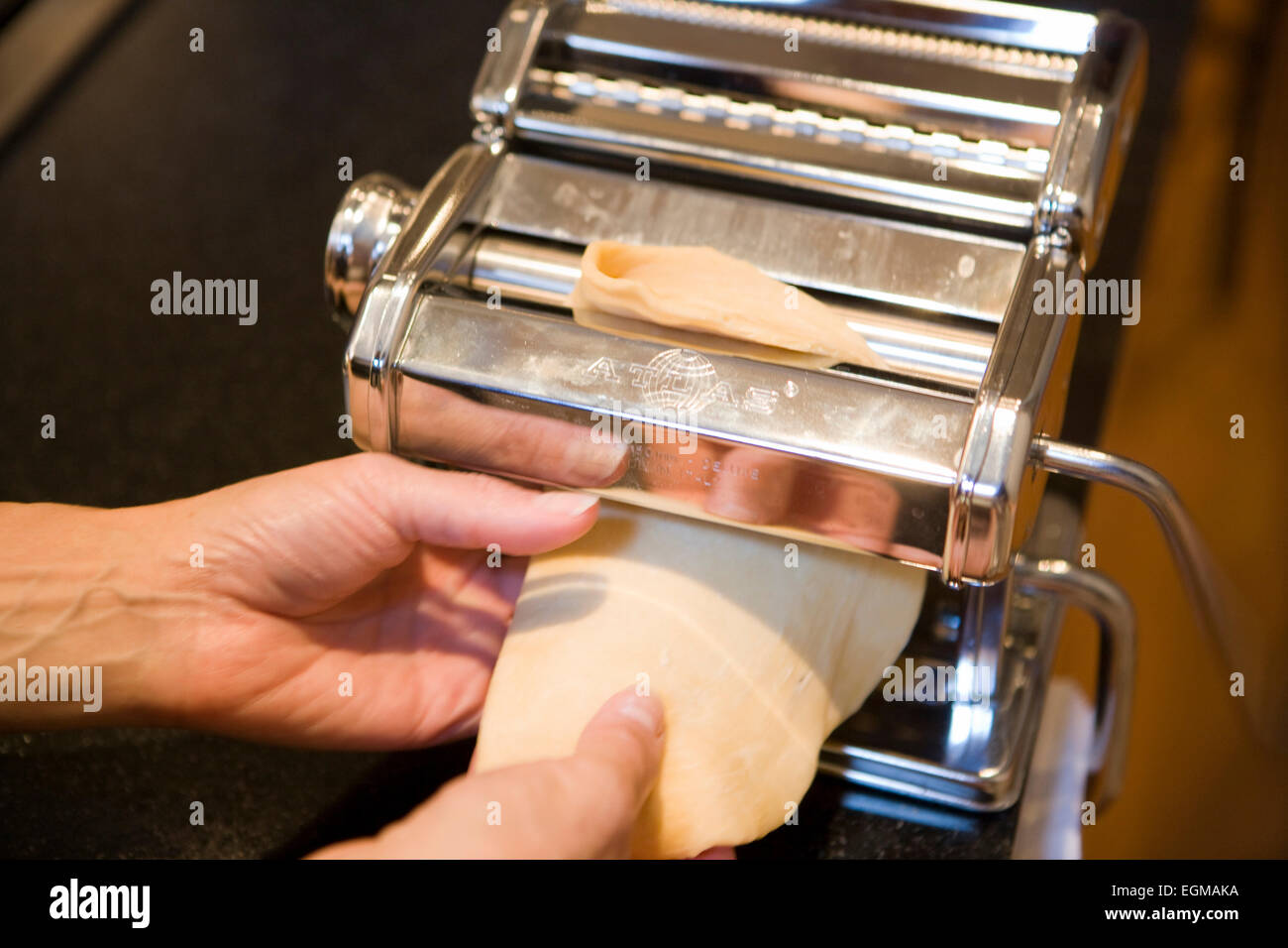 Flattening Pasta Dough Stock Photo