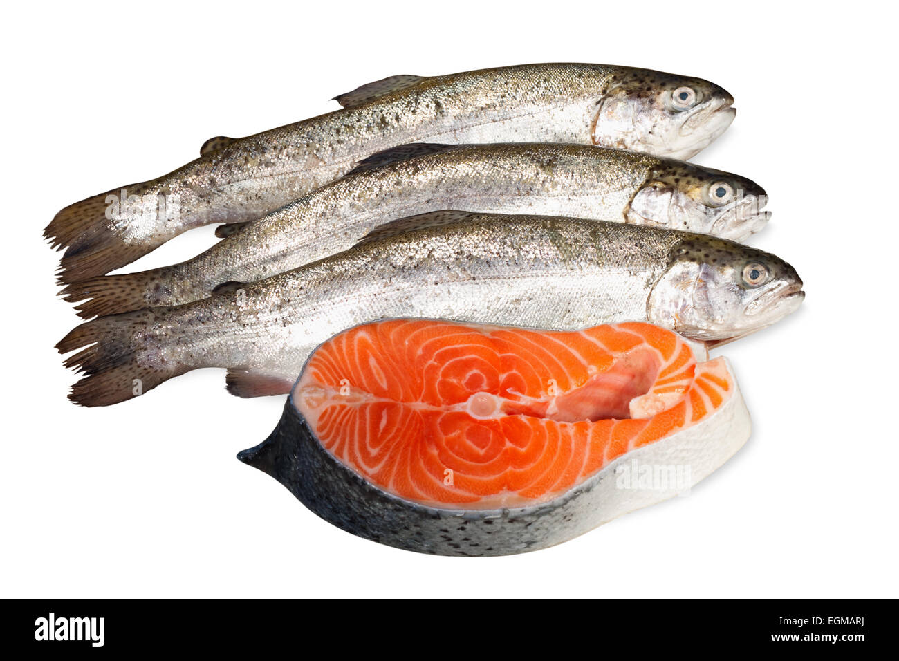 fresh trout and salmon slice on white background Stock Photo - Alamy