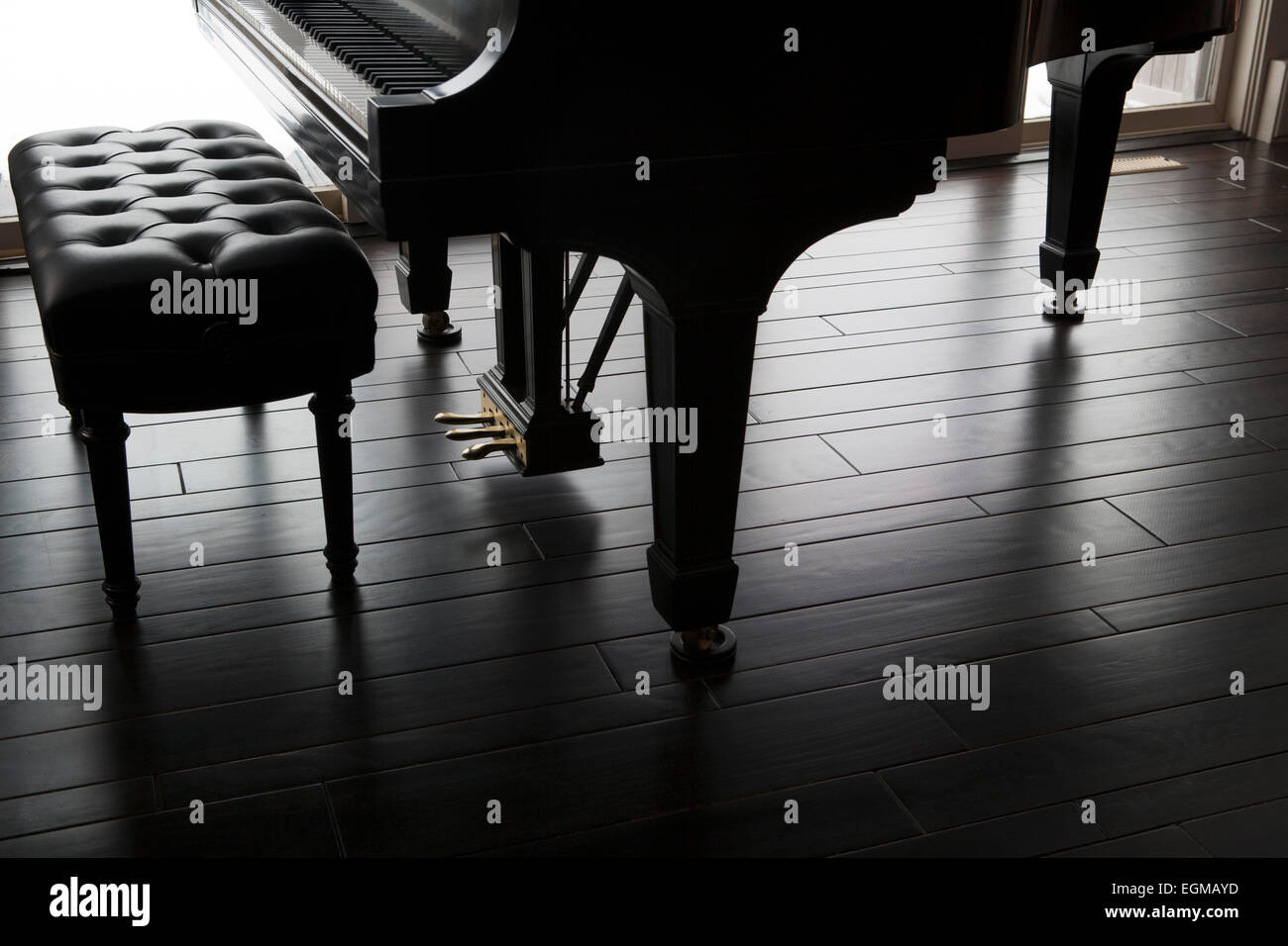 Grand Piano Foot Pedals And Bench On Dark Wood Floor Stock Photo