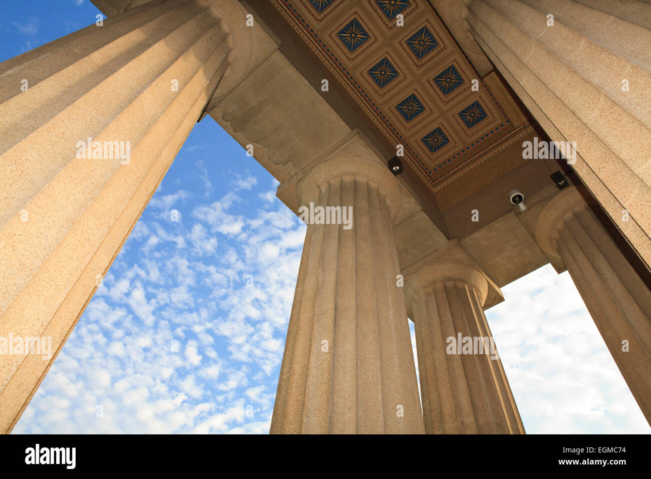 Columns and ceiling details on the Nashville, TN replica of the Greek Parthenon, at sunset. Stock Photo