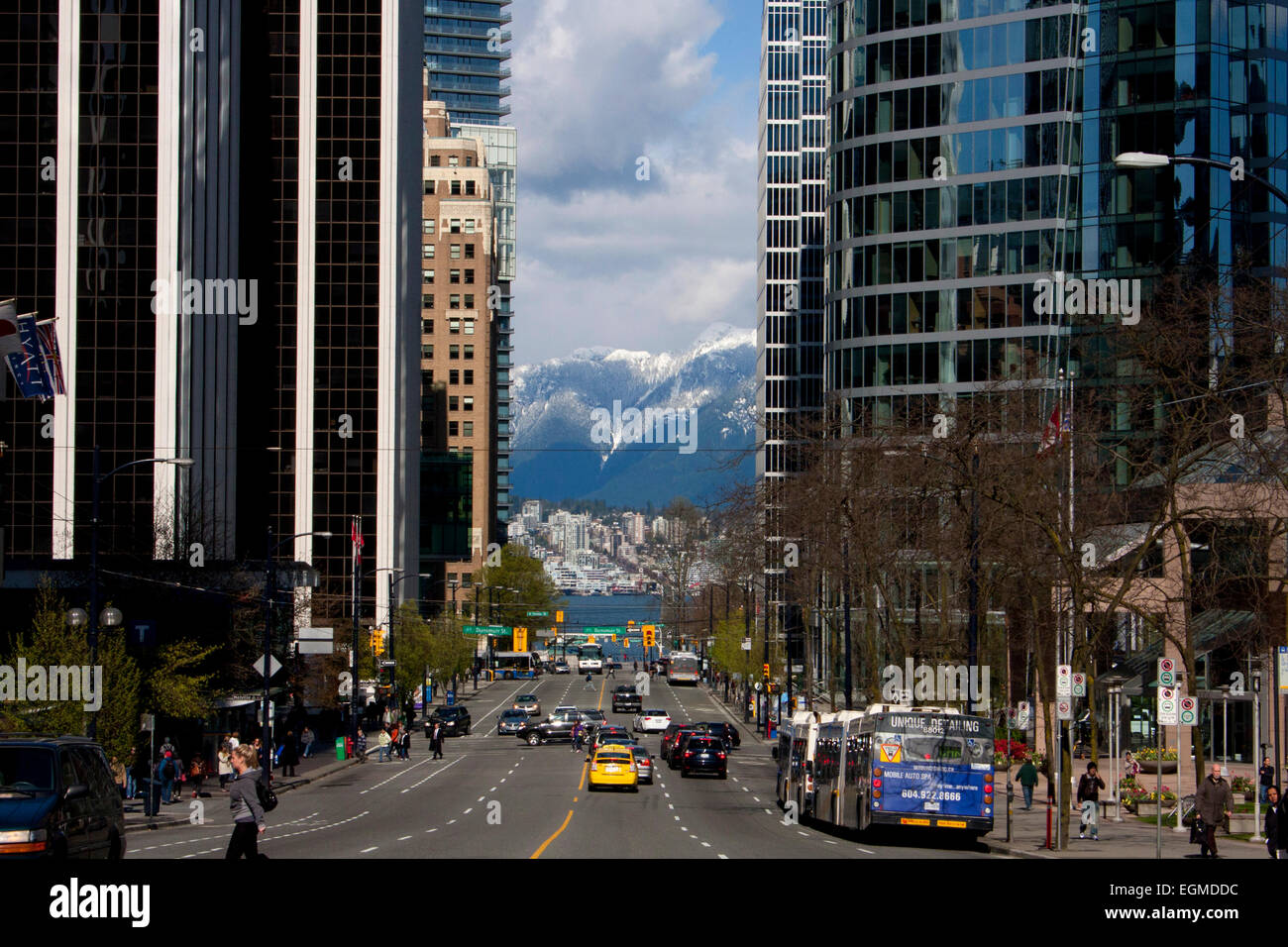 View down Burrard Street, in the financial district of downtown Vancouver, Canada with the North View down Burrard Street, in the financial district of downtown Vancouver, Canada with the North