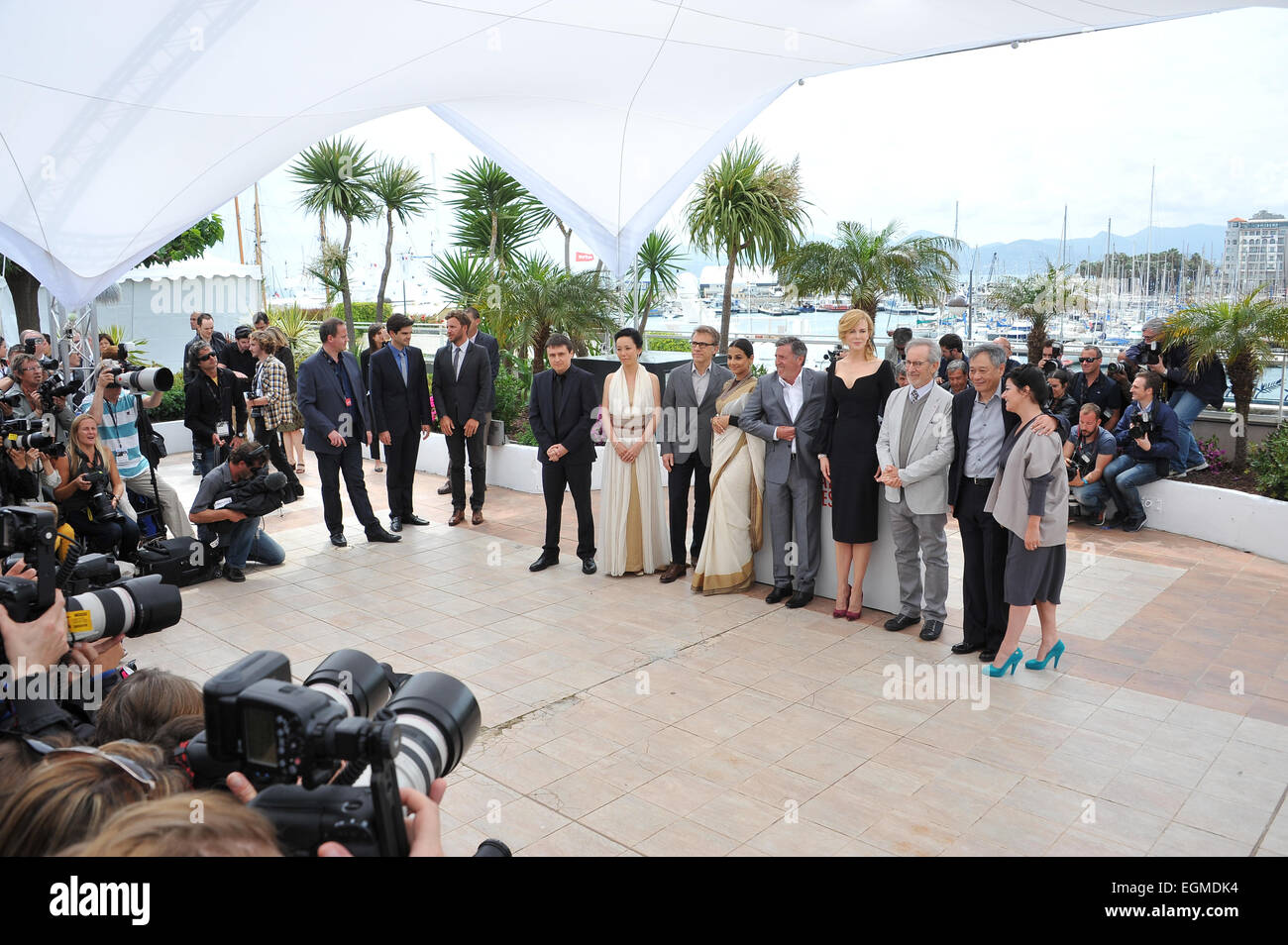 CANNES, FRANCE - MAY 15, 2013: Cannes Jury President Steven Spielberg with fellow jurors Nicole Kidman, Ang Lee, Daniel Auteuil, Christoph Waltz, Vidya Balan, Naomi Kawase, Lynne Ramsay & Cristian Mungiu at the photocall for the Jury of the 66th Festival de Cannes. Stock Photo