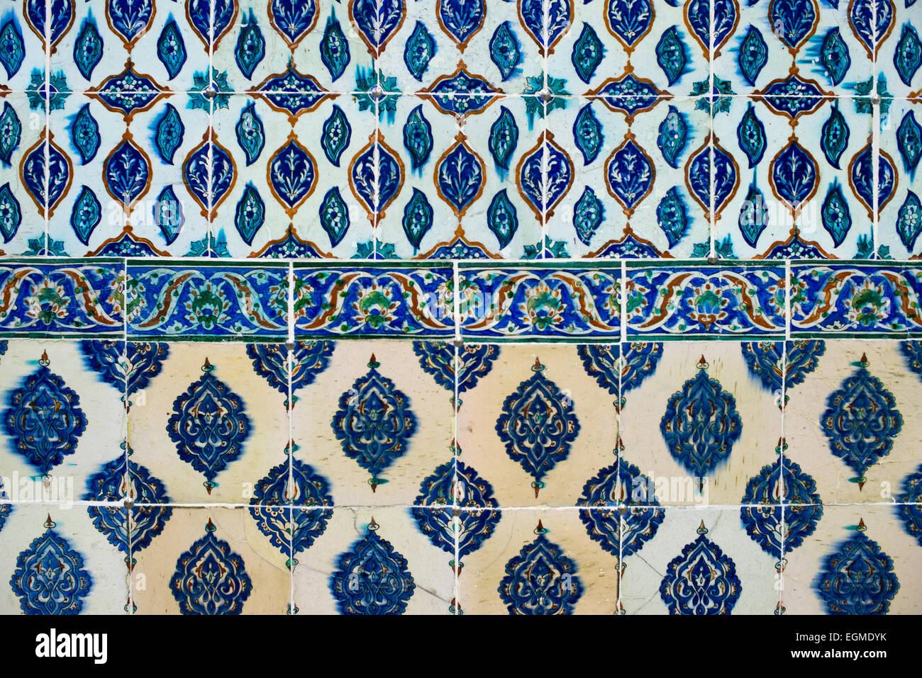 ISTANBUL, Turkey (Türkiye) — Ornate tiles decorating the walls of the Harem Mosque at Topkapi Palace. The Harem Mosque (Harem Mescidi) of Topkapi Palace was built in the 17th century as a prayer hall for the sultan's mother, daughters, and first consort, as well as senior women of the harem. The Imperial Harem was the inner sanctum of the Topkapi Palace where the Sultan and his family lived. Standing on a peninsular overlooking the Bosphorus Strait and Golden Horn, Topkapi Palace was the primary residence of the Ottoman sultans for approximately 400 years (1465–1856) of their 624-year reign. Stock Photo