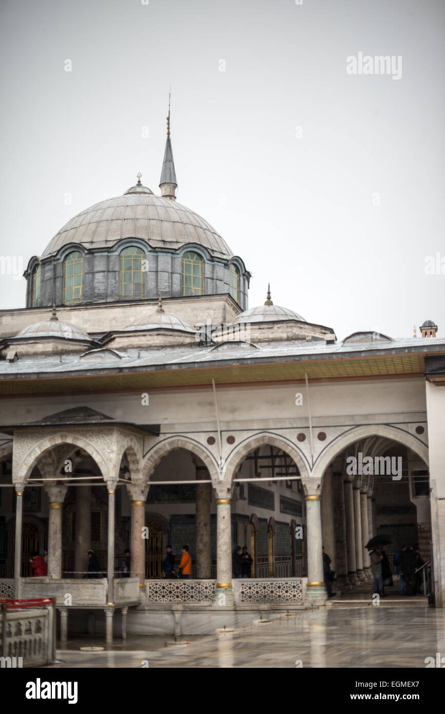 ISTANBUL, Turkey (Türkiye) — On a peninsula overlooking both the Bosphorus Strait and the Golden Horn, Topkapi Palace was the primary residence of the Ottoman sultans for approximately 400 years (1465–1856) of their 624-year reign over Constantinople and the Ottoman Empire. Today it is one of Istanbul's primary tourist attractions. Stock Photo