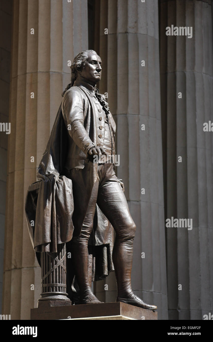 The Bronze statue of George Washington on the front steps of Federal ...