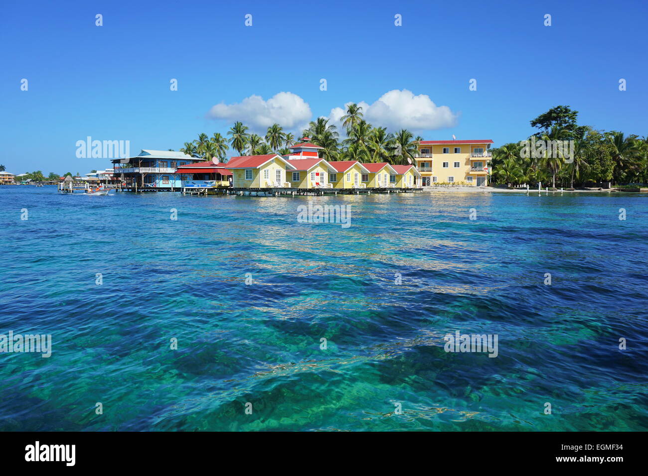 Island resort with cabins overwater, Caribbean, Bocas del toro, Carenero, Panama Stock Photo