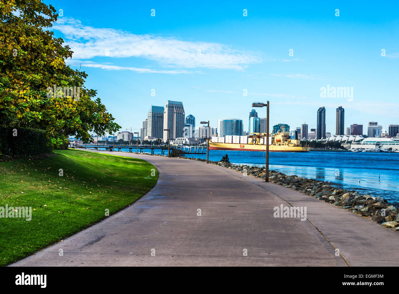 Walking path leading to a view of San Diego Harbor and downtown San Diego. View from Coronado, California, United States. Stock Photo