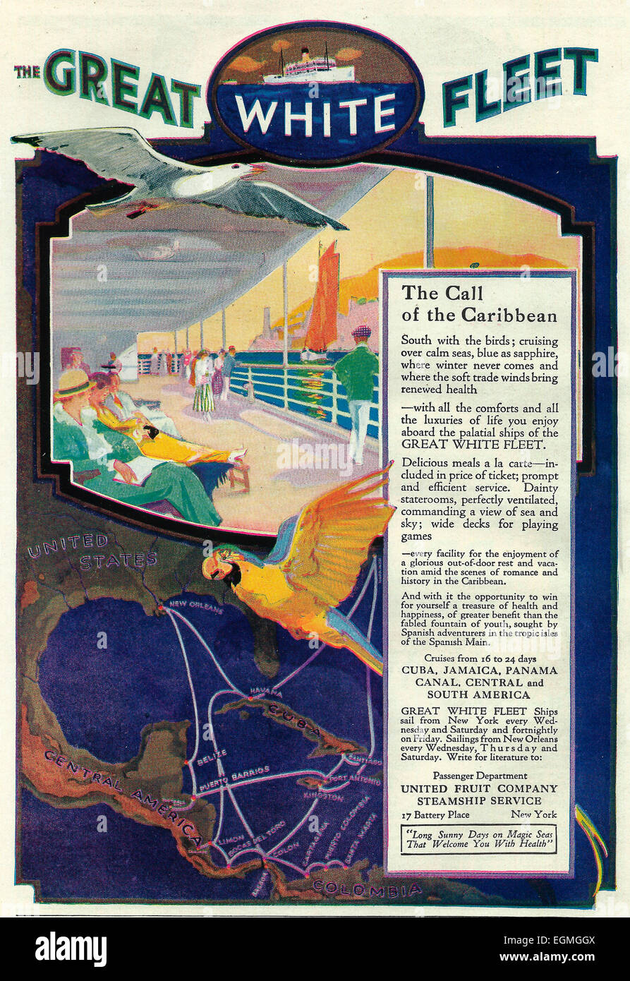 The Great White Fleet - The Call of the Caribbean - United Fruit Company Steamship Service - Cruise Advertisement 1916 Stock Photo