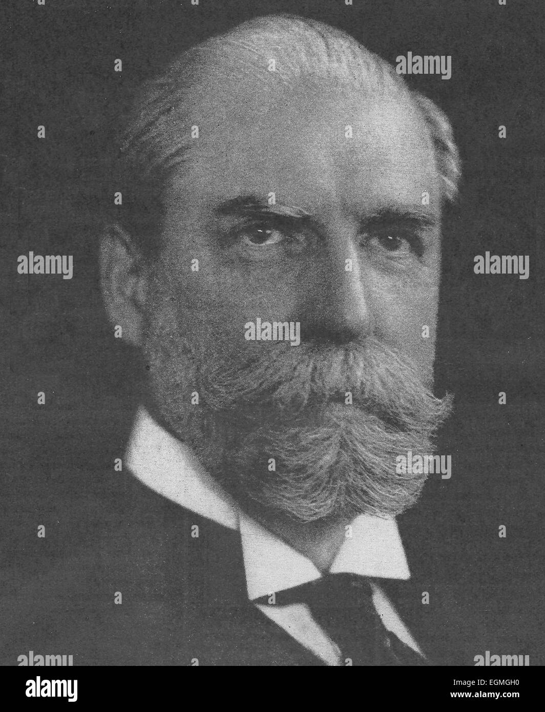 Charles Evans Hughes, Sr.-  an American statesman, lawyer and Republican politician from New York. He served as the 36th Governor of New York (1907–1910), Associate Justice of the Supreme Court of the United States (1910–1916), United States Secretary of State (1921–1925), a judge on the Court of International Justice (1928–1930), and the 11th Chief Justice of the United States (1930–1941). He was the Republican candidate in the 1916 U.S. Presidential election, losing narrowly to incumbent President Woodrow Wilson. Stock Photo