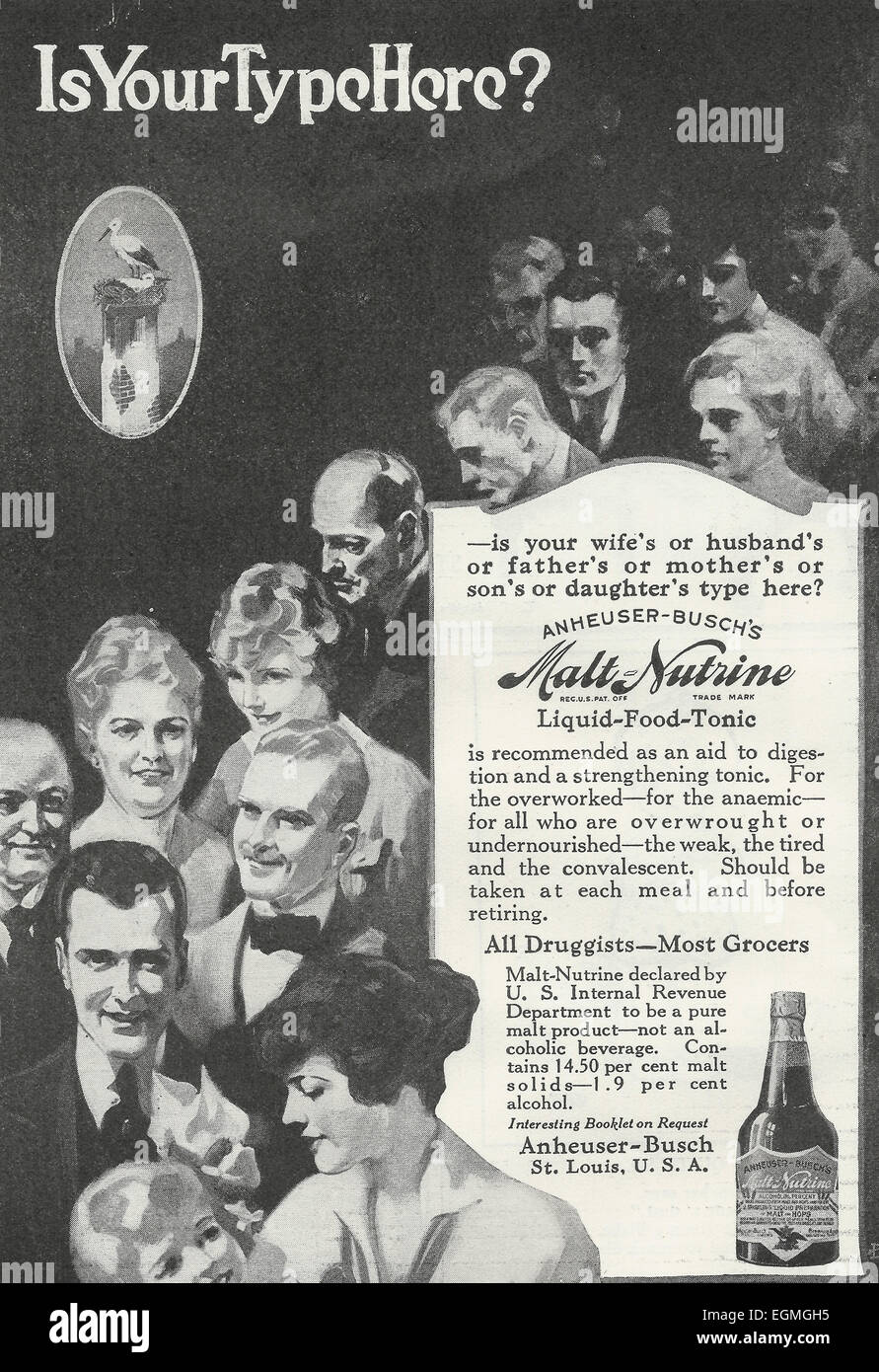 Advertisement for Malt-Nutrine from Anheuser Busch, circa 1916 Stock Photo
