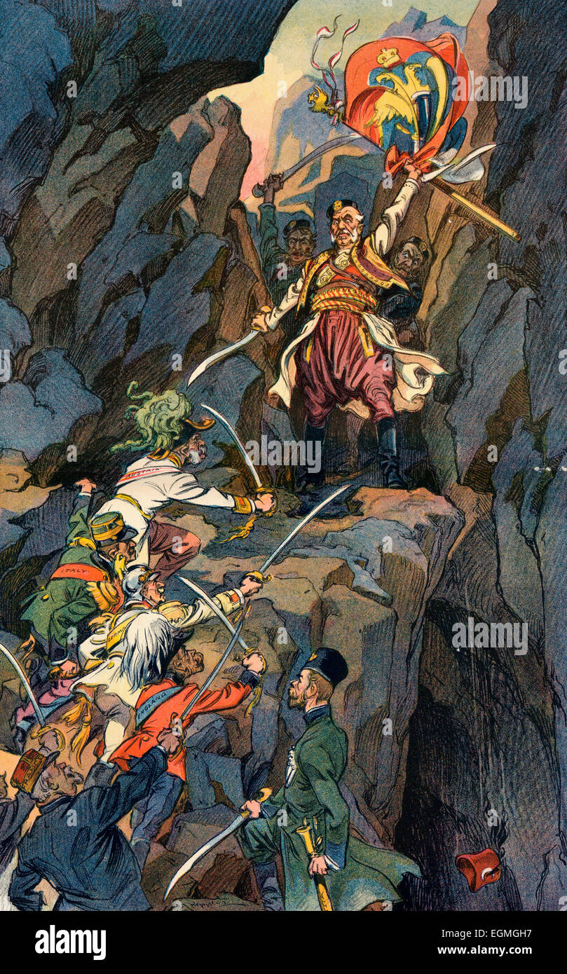 Nicholas of Montenegro - The Leonidas of the Balkans. Illustration shows Nikola I, of Montenegro, standing at a narrow mountain pass with two other men, facing an army composed of the leaders of 'Austria, Italy, Germany, England, France, and Russia', Political Cartoon 1913 Stock Photo