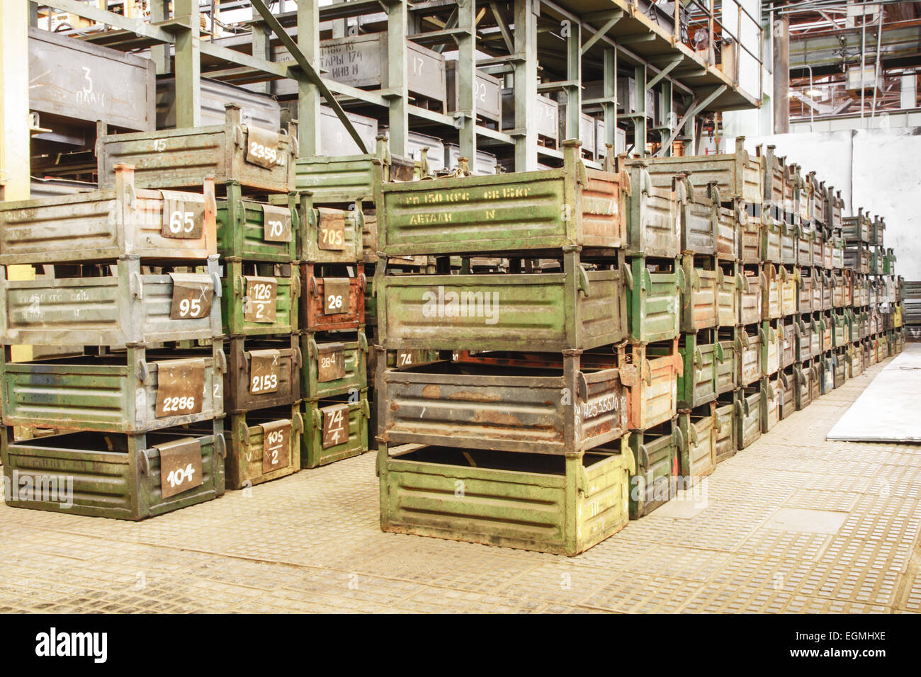 Big storage room with metal boxes in factory Stock Photo Alamy