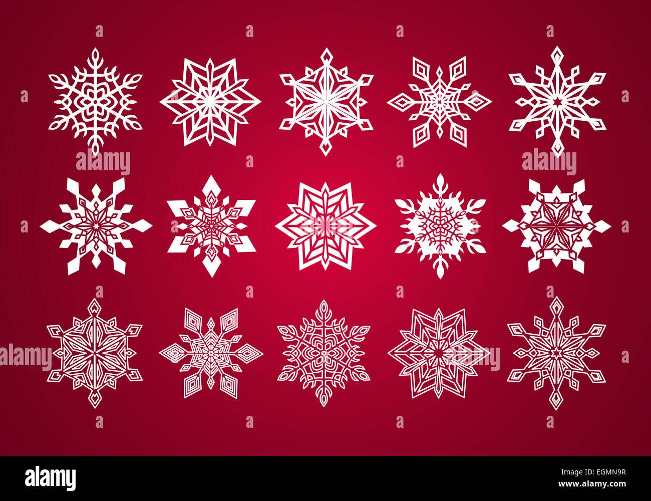 Set of Various Fine Lace Snowflakes for Christmas on Wine Red Background Stock Photo