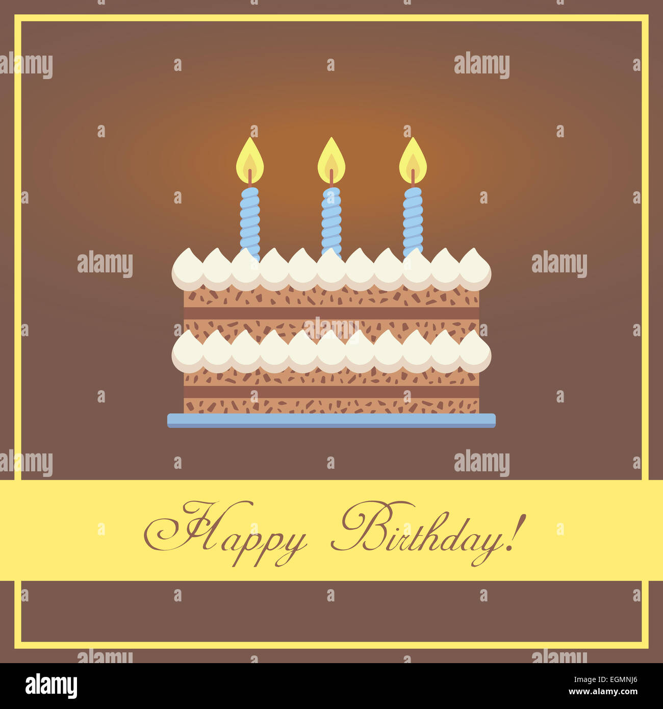 Flat Design Happy Birthday Greeting Card with Chocolate Cake, Whipped Cream and Blue Burning Candles Placed in Abstract Frame Plus Congratulation Words on Brown Background Stock Photo