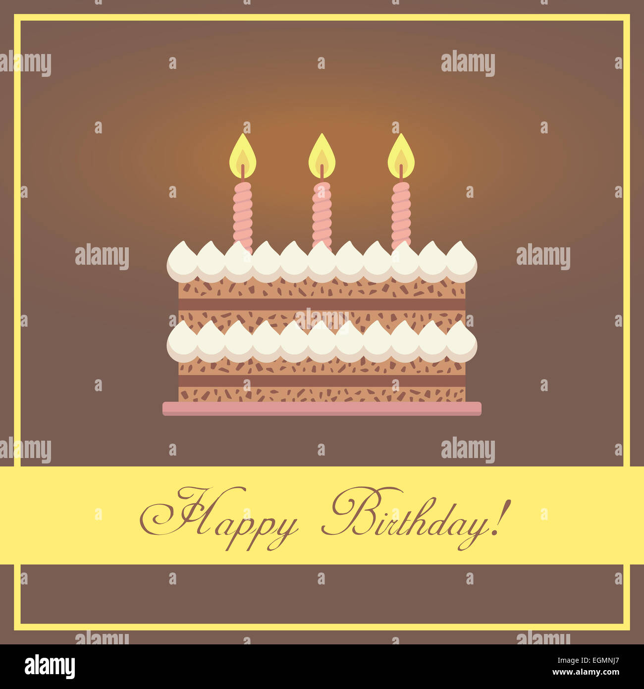 Flat Design Happy Birthday Greeting Card with Chocolate Cake, Whipped Cream and Pink Burning Candles Placed in Abstract Frame Plus Congratulation Words on Brown Background Stock Photo
