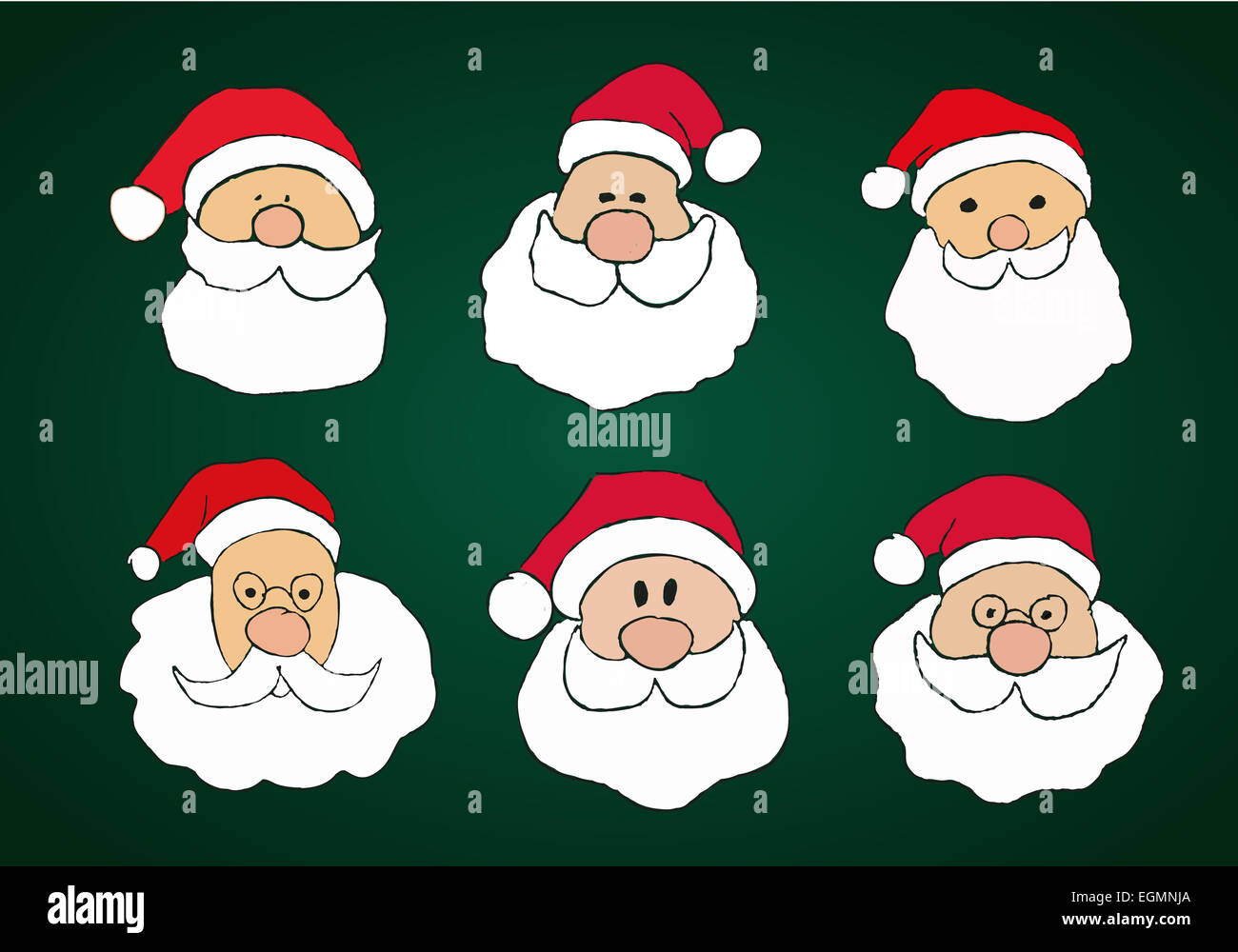 Funny Hand Drawn Santa Clauses Set on Dark Green Background Stock Photo