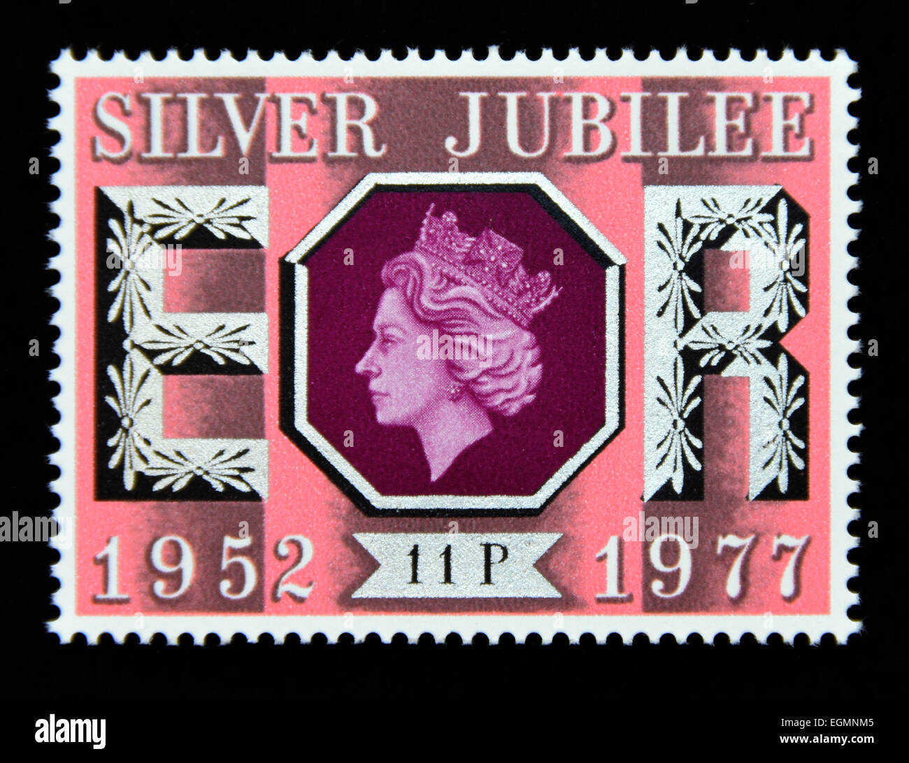 Postage stamp. Great Britain. Queen Elizabeth II. 1977. Silver Jubillee 1952-1977. 11p. Stock Photo