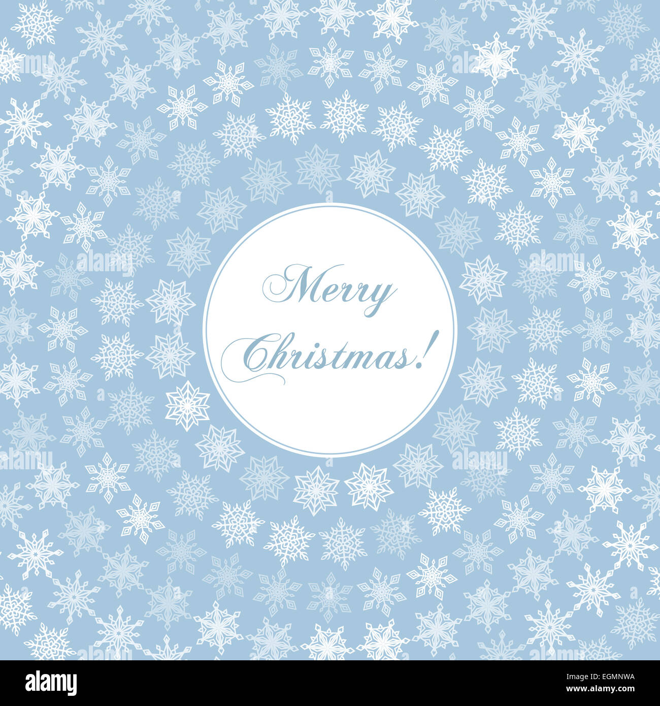 Delicate Merry Christmas Greeting Card with Words on Round and Circular Fine White Snowflakes on Background of Vintage Pastel Blue Stock Photo