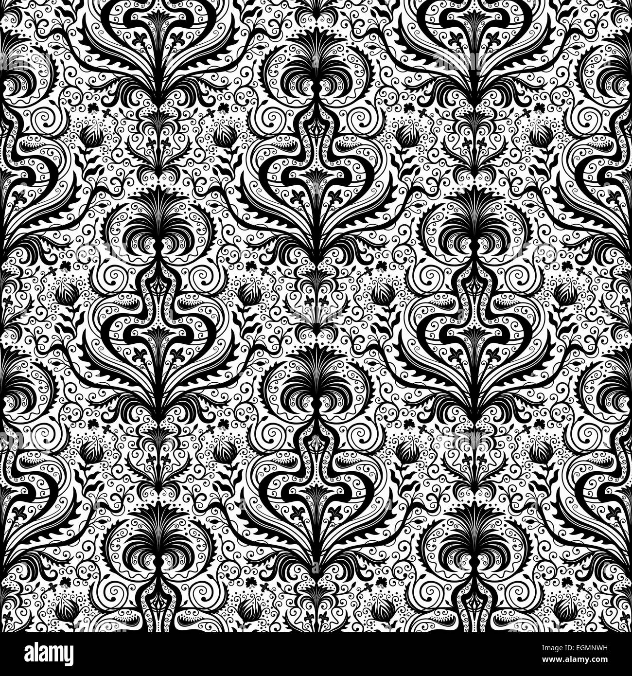 Elaborate Luxury Black Seamless Damask Floral Pattern with Flowers and Leaves on White Background Stock Photo