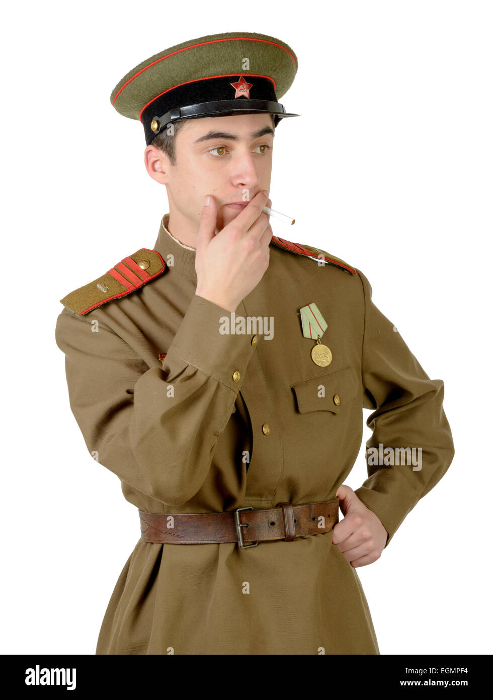 young Soviet officer during World War II on white Stock Photo