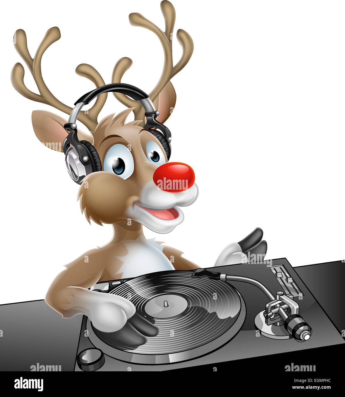 An illustration of a cute cartoon Christmas Reindeer DJ at the decks with headphones on Stock Photo