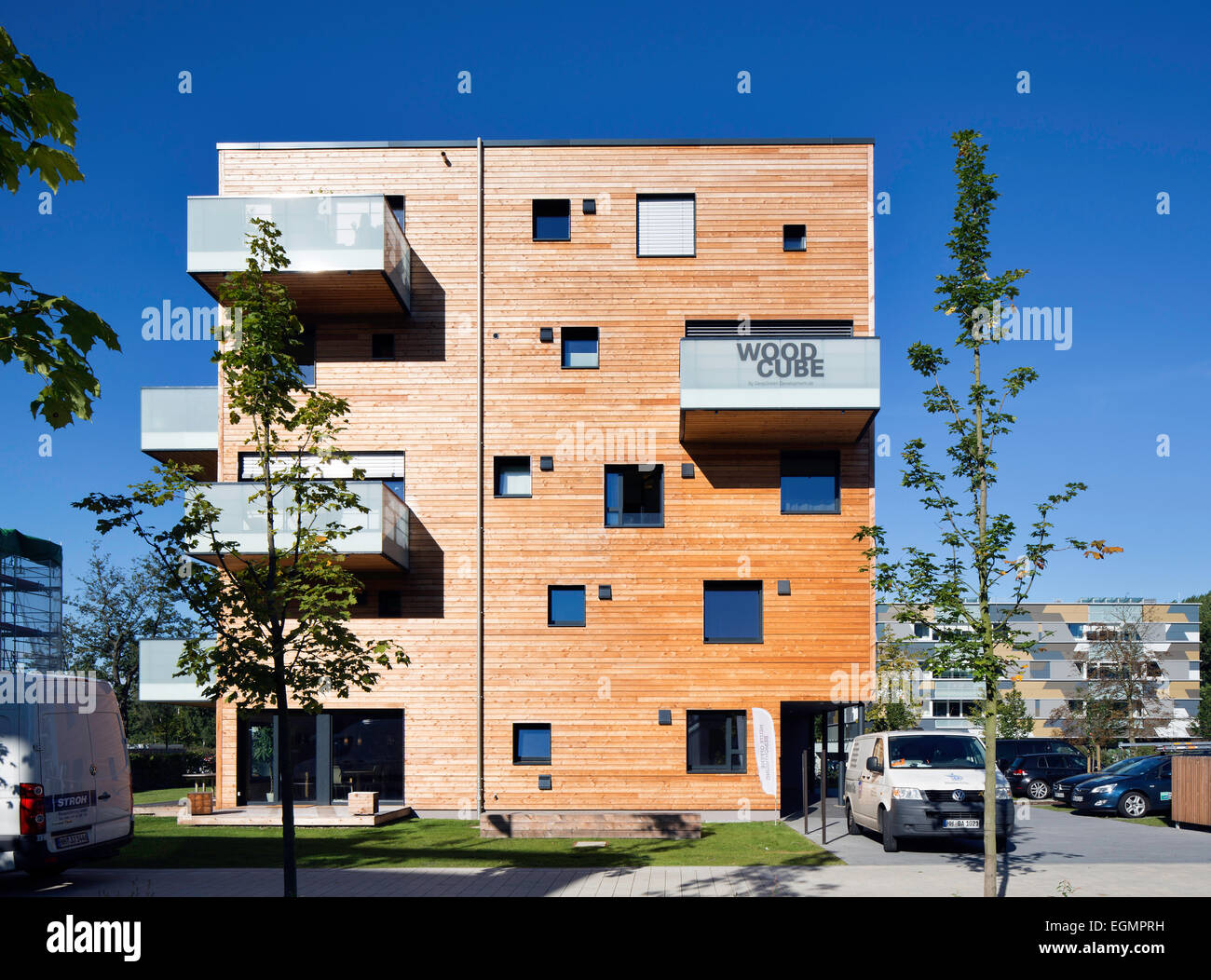 Woodcube residential house, International Building Exhibition Hamburg, Inselpark, Wilhelmsburg, Hamburg, Germany Stock Photo