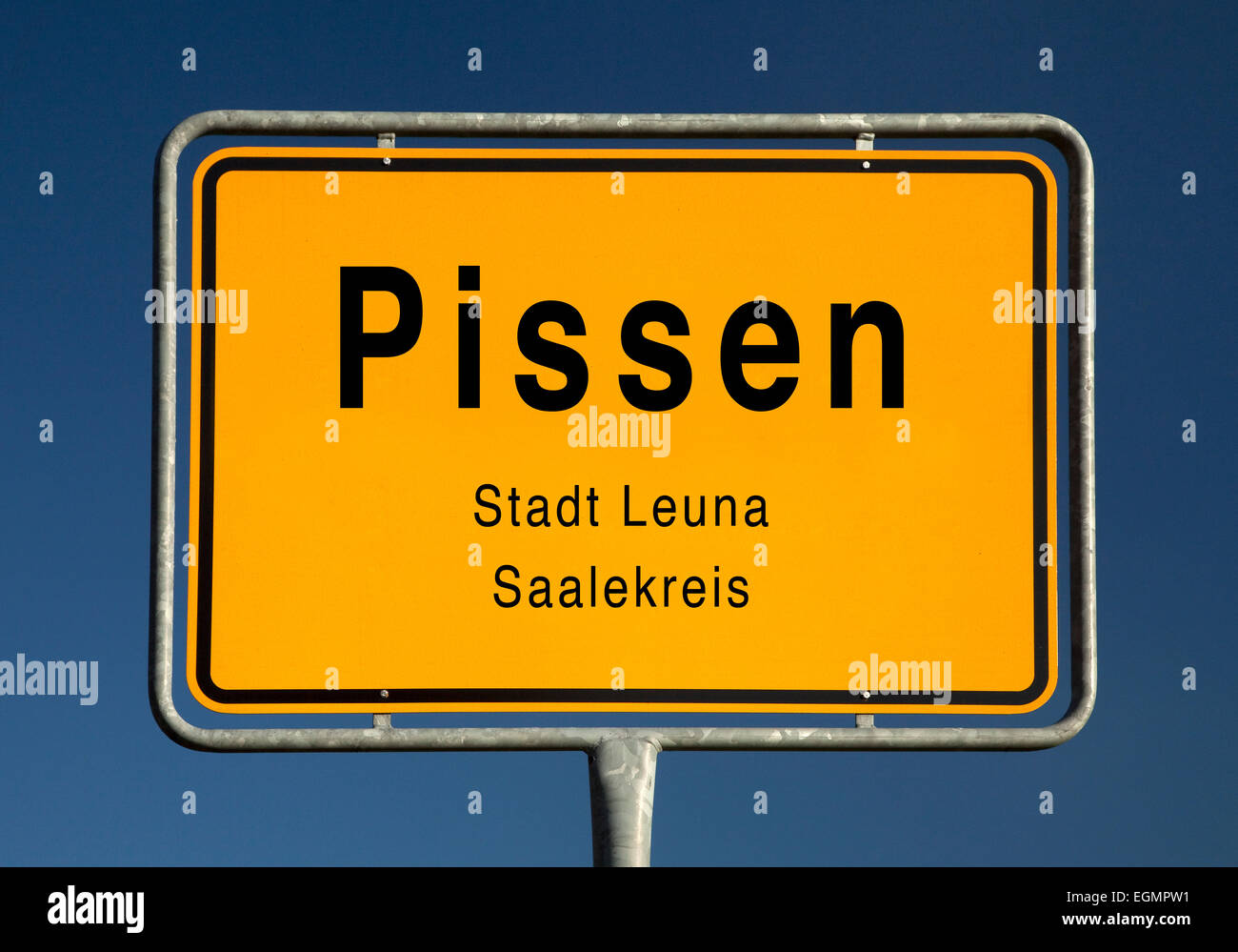 City limits sign of Pissen, part of the town Leuna, Saalekreis, Saxony-Anhalt, Germany Stock Photo