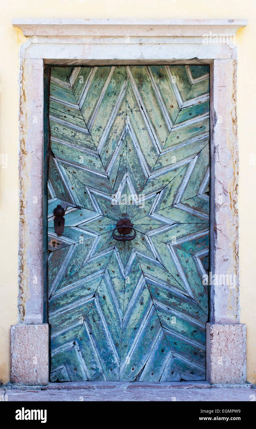 Old weathered wooden door, Farmhouse, open-air museum Großgmain, Großgmain, Salzburg State, Austria Stock Photo