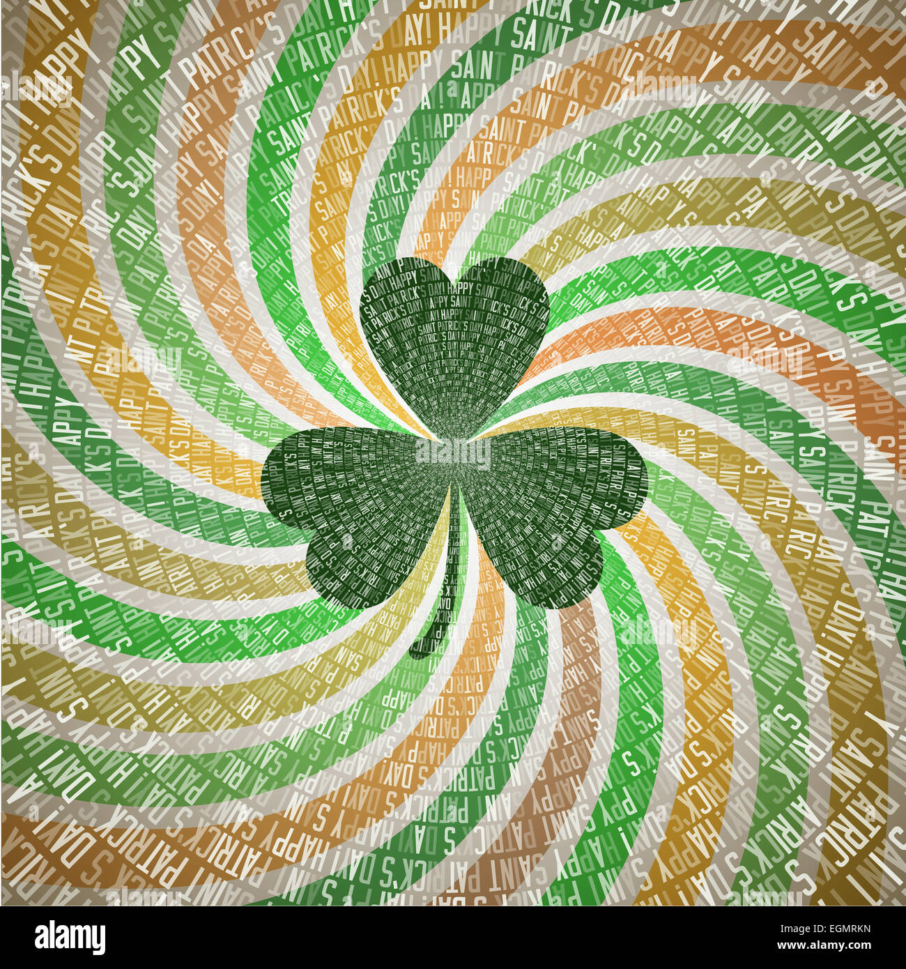 Saint Patricks Day Greeting Card with Clover Leaf on Abstract Geometric Fanning Twirl Rays Background in Vintage Shades of Green and Orange Irish Flag Stock Photo